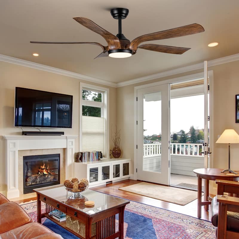 56 in.Farmhouse Integrated LED Indoor/Outdoor Faux wood Black Smart Ceiling Fan with Remote Control and DC Motor - 56 INCHES
