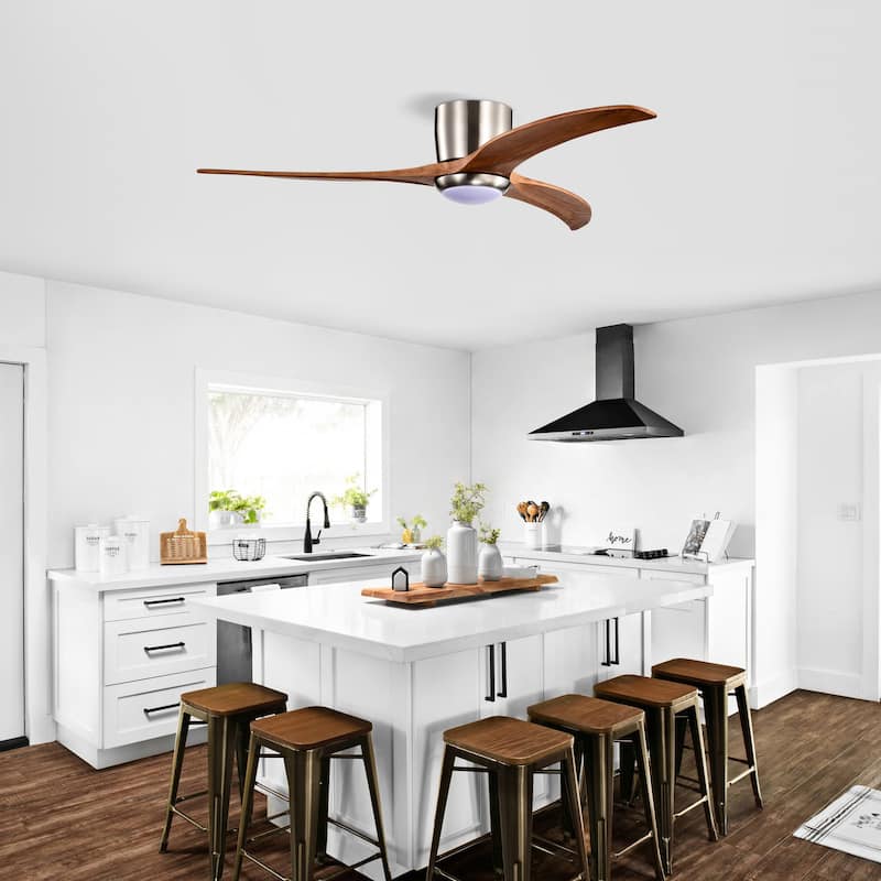52" Flush Mount Ceiling Fan Solid Wood Blades Ceiling Fan With Light With Remote Control,Noiseless Reversible Motor,6 Speed