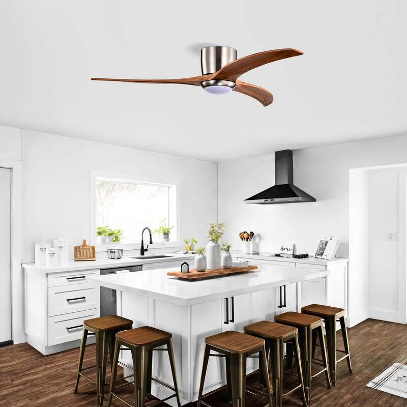 52" Flush Mount Fan Light, 3 PCS Solid Wood Blades Ceiling Fan with Lights Remote Control, Quiet DC Motor, 6 Speed