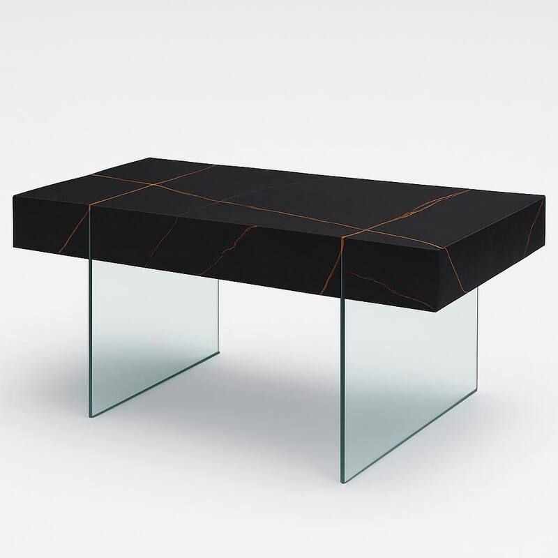 Strata Eclipse Coffee Table Marble Inspired Top Glass Decor - Black