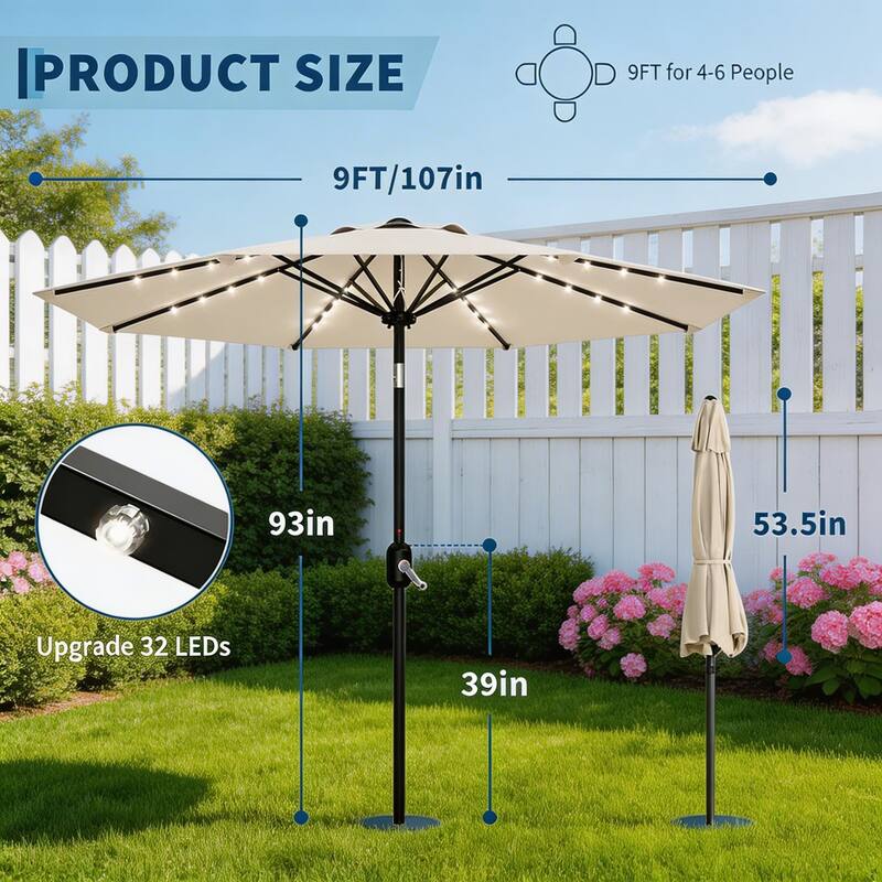 9 ft Patio Umbrella, 8 Sturdy Ribs, with Lights