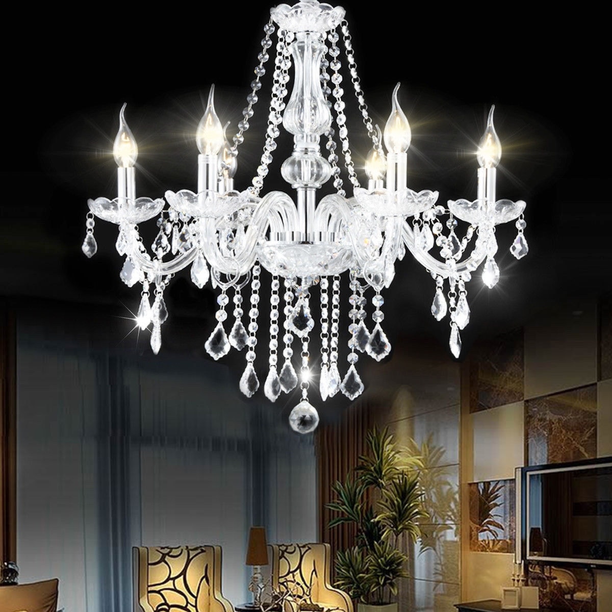 Costway Elegant Crystal Chandelier Modern 6 Ceiling Light Lamp Pendant Fixture Lighting - Transparent - Chandeliers For Bedrooms by Overstock.com