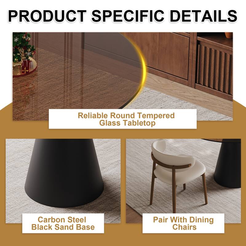 3 Piece Dining Set Round Glass Top Table Carbon Steel Base 4 Chairs for Small Spaces