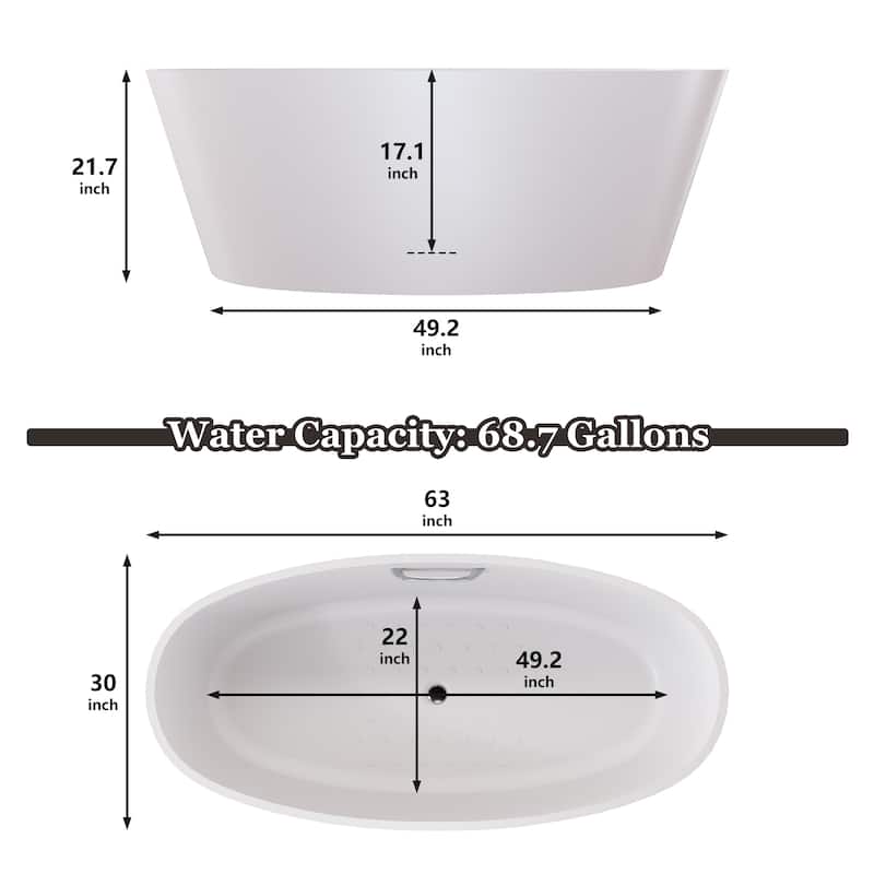 63 in. x 30 in. Solid Surface Stone Resin Freestanding Soaking Bathtub in. White with Tub Grab Bar and Drain Assembly