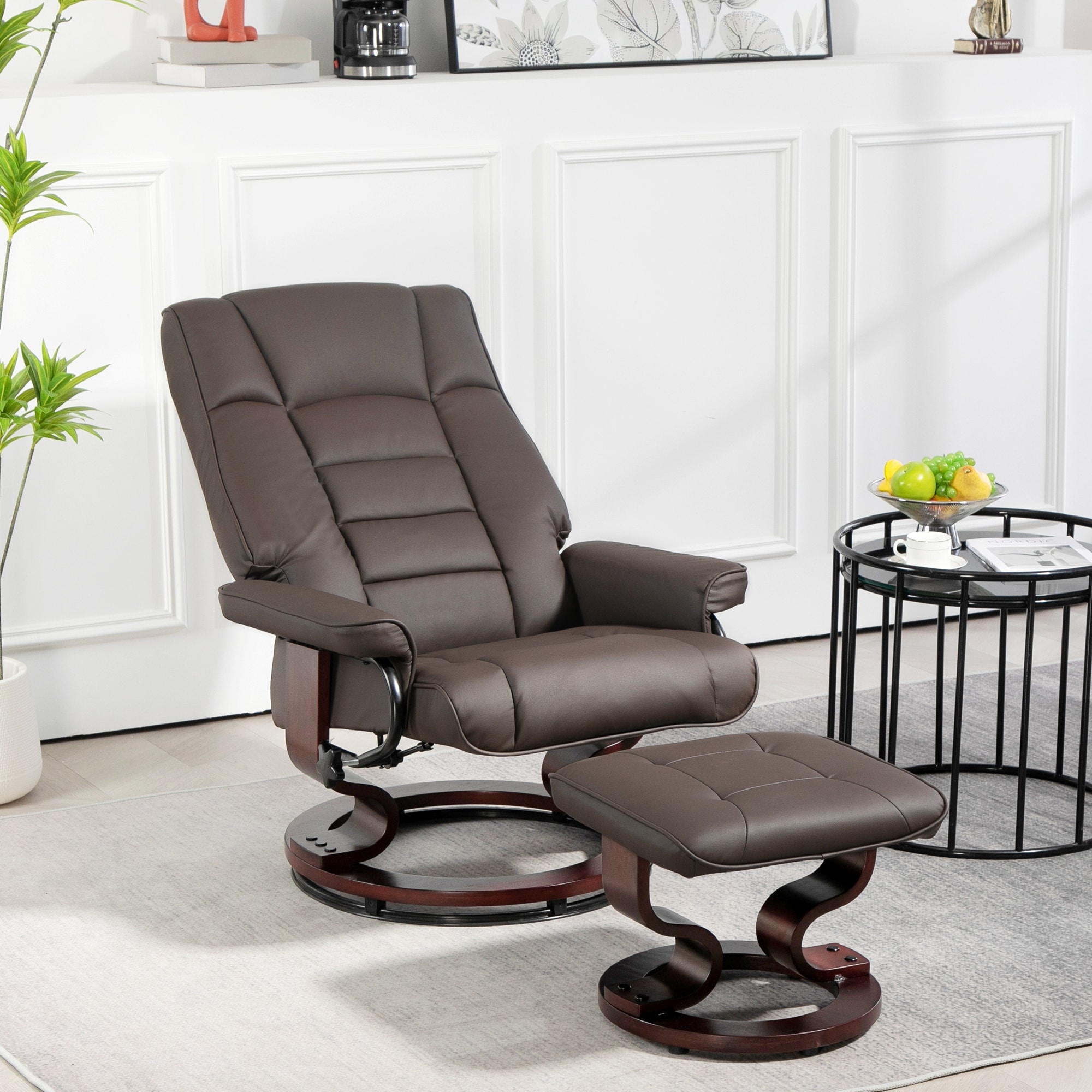 Leather Swivel Recliner Chair with Ottoman and Back and Wood