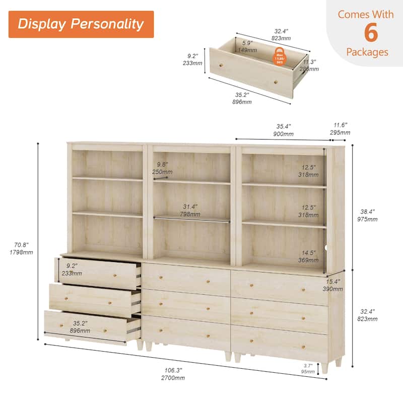 WAMPAT Modern 71" Tall Bookcase with 9 Drawers, 3 Columns 3-Tier