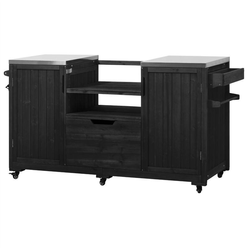 Outdoor Kitchen Island for Big Green Egg Grills, Solid Wood Outdoor Grill Cart w/Stainless Steel Top &Drawer, Patio Kitchen Cart