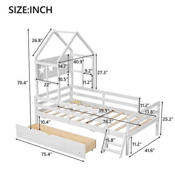 dimension image slide 1 of 2, Twin Size House Platform Bed with 1 Storage Drawer and Guardrail, Solid Wood Kids Bed Frame with House-Shaped Headboard & Ladder