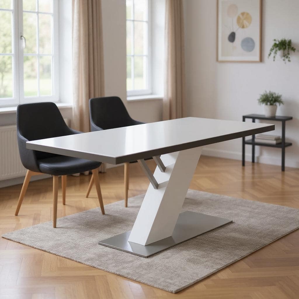 HomeRoots 63" White and Silver Wood and Metal Pedestal Base Dining Table - 63.00 in. x 30.00 in. x 36.00 in.