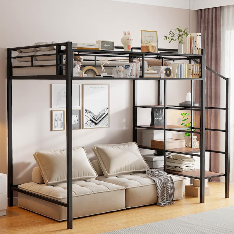 Twin Metal Loft Bed with Storage Shelf & Ladder, Full Length Guardrail