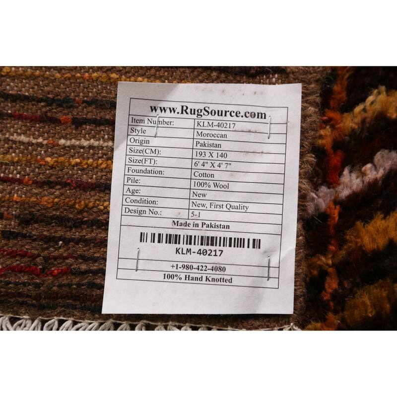 Striped Trellis Moroccan Oriental Rug Hand-Knotted Wool Carpet - 4'7" x 6'4"