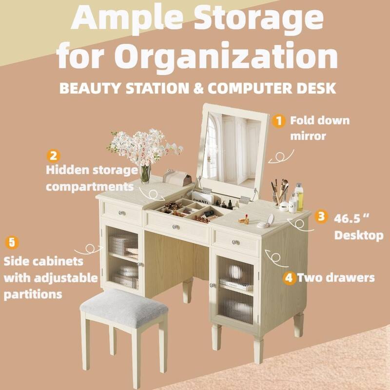 2-in-1 Makeup Vanity Writing Desk with Hidden Fold-Down Mirror & Cabinet, Computer Workstation Dressing Table Set with Stool