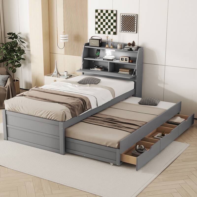Twin Size Wooden LED Platform Bed with Trundle,Storage Headboard and Drawers for Bedroom