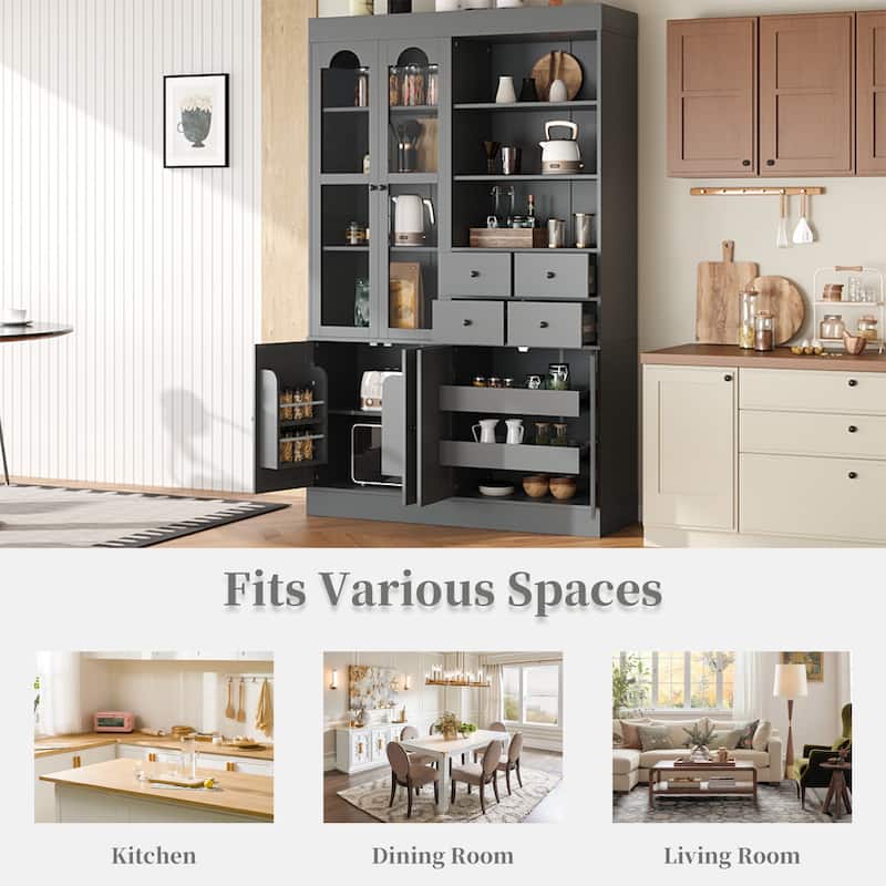 75" Freestanding Kitchen Pantry Buffet with Hutch, 4 Drawers, Glass Doors, Adjustable Shelves and Pull-Out Trays