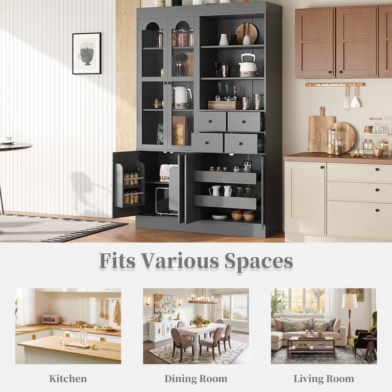 Roomfitters 75 Inch Tall Kitchen Pantry Buffet Hutch with 4 Drawers and Glass Doors, Shaker Style