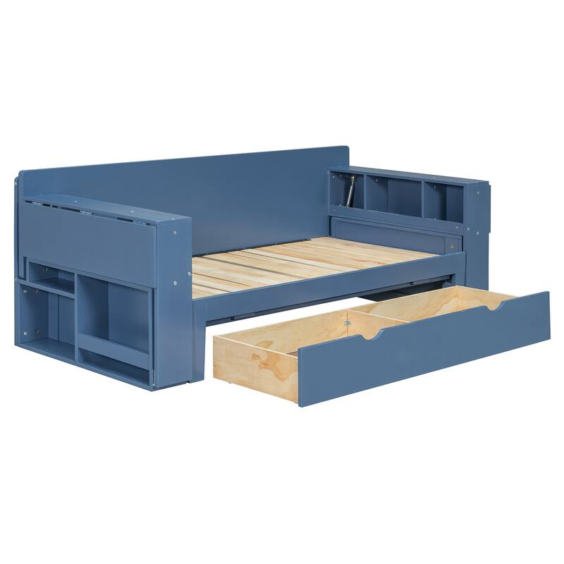 4-in-1 Multifunctional Daybed Storage Bed Frame with Removable Desk, Drawers, Bookcase Shelves and Hydraulic Side Tables