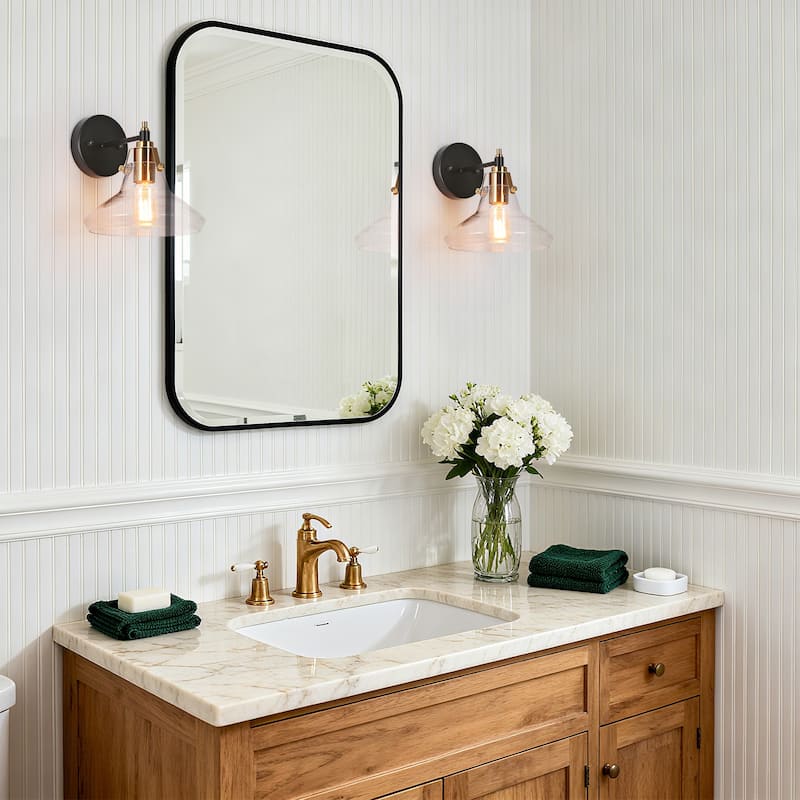 Branley Farmhouse Cottage 1-Light Dome Glass Bathroom Sconce Black Gold - 9"D x 9"H