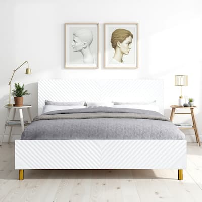 Tyra Modern Queen Bed, Panel Headboard, Luxury Textured Chevron, White Gold