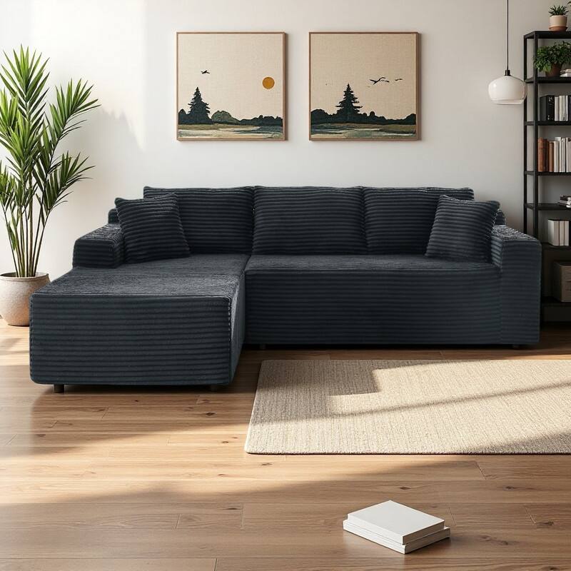 103.2" Corduroy L-Shaped Cloud Sectional Sofa with Deep Seats and No Assembly Required Modular Sleeper - DARK GREY