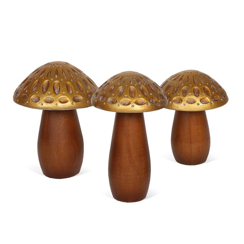 HomeRoots Set of Three Brown And Gold Wood Mushroom Tabletop Sculptures - 4.5' X '8' X '4.5