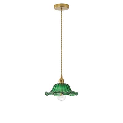 Modern 1-Light Pendant with Green Glass Shade and Brass Finish