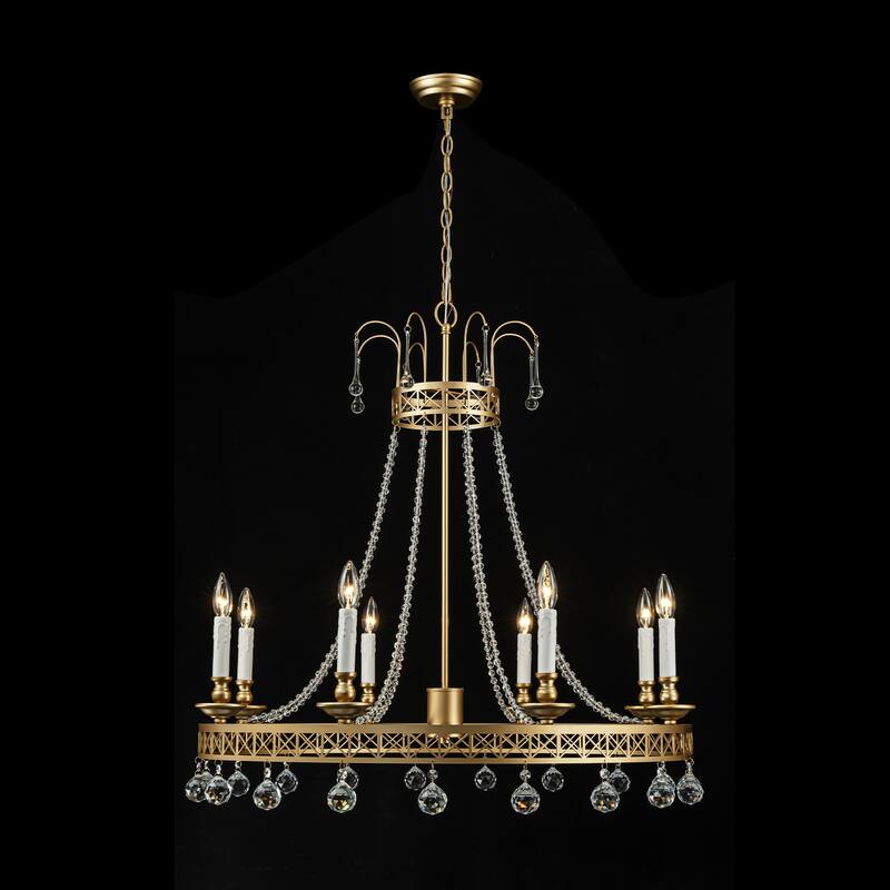 8-Light Glam Modern Wagon Wheel Gold Crystal Chandelier with Crystal Beads - 33.4 in. W x 33.8 in. H