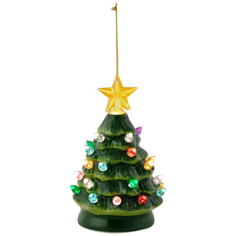 LED Lighted Mini Retro Christmas Tree with Gold Star Ornament - 5.25" - Green