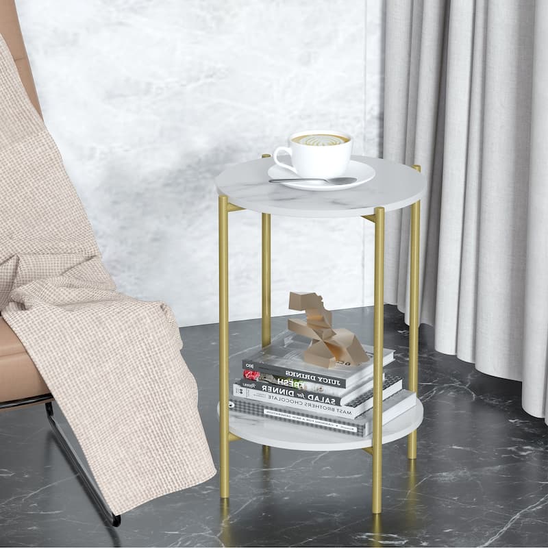 Round Faux Stone End Table with Storage with Gold Metal Legs
