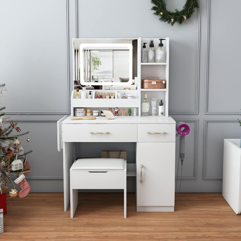 Vanity Desk with LED Mirror & Power Outlet, Makeup Dressing Table
