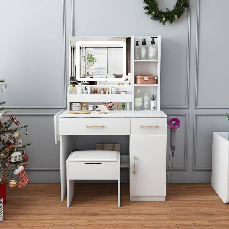 Vanity Desk with LED Mirror & Power Outlet, Makeup Dressing Table