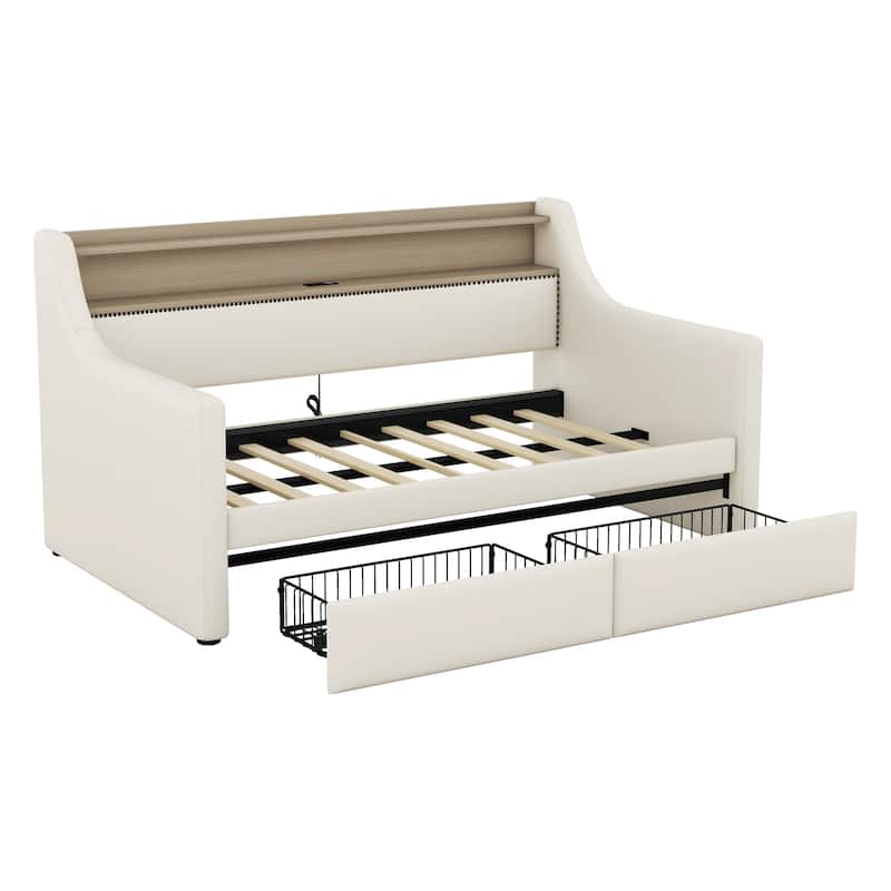 Twin Size Daybed with Storage Drawers, Upholstered Daybed with Charging