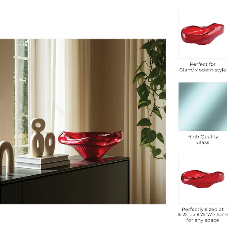Glass Decorative Bowl Abstract Oval Modern Accent Home Decor - 6" Red - 15.25" x 8.75" x 5.5"