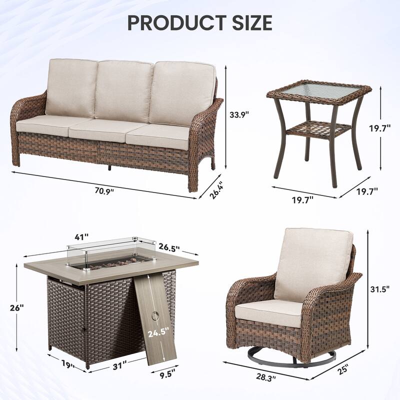 Pocassy Patio Funiture Sofa Swivel Chairs Ottoman with Fire Table Set