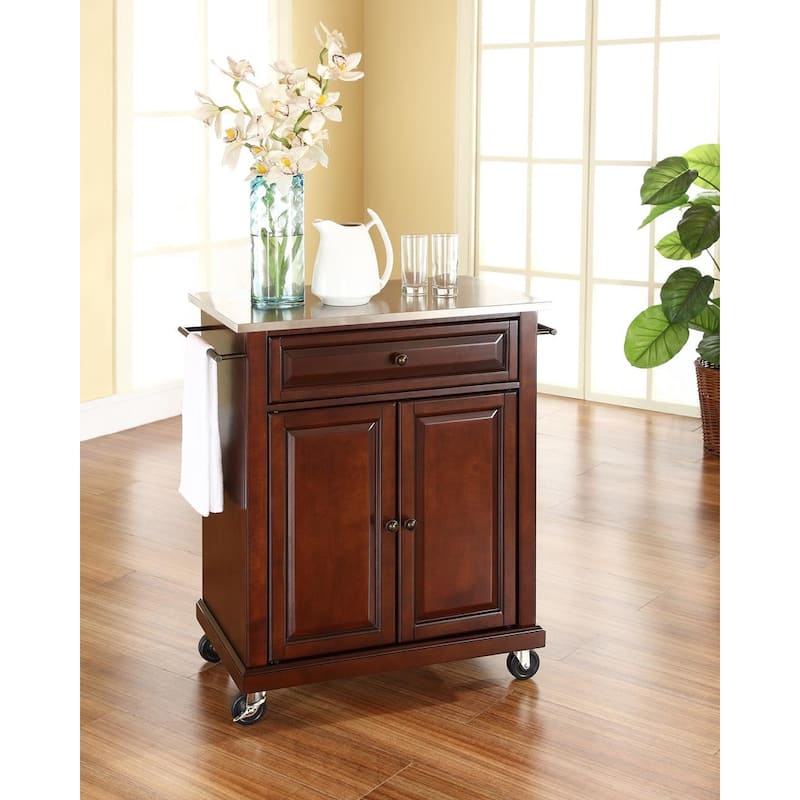 Compact Stainless Steel Top Kitchen Cart in White with Drawer, Adjustable Cabinet Storage, Towel Bars, and Wheels