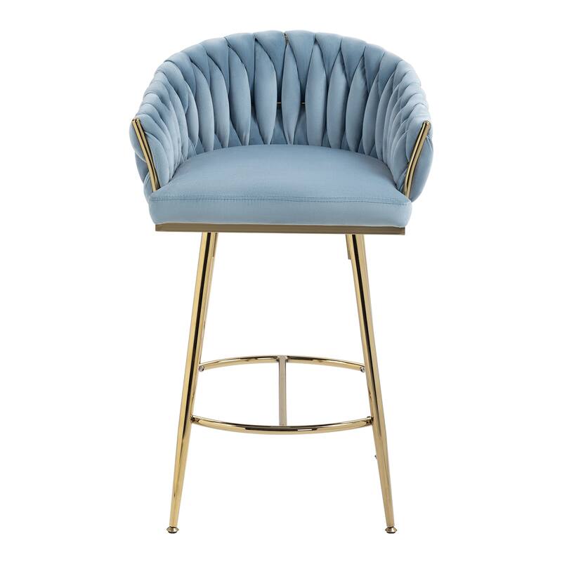 Versatile Counter Height Bar Stools Set of 2 Velvet Armchairs with Wave Braided Curved Back, Golden Chromed Legs and Footrest