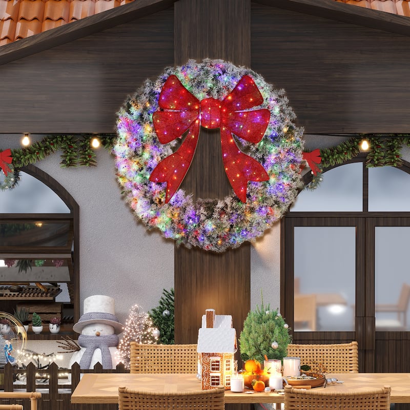 HOMCOM 60in Pre-Lit Flocked Wreath: 300 LED, 11 Modes, Remote, 3D Bow, 996 Tips, Indoor/Outdoor