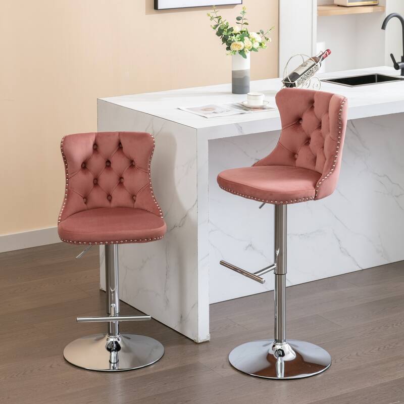 Set of 2 Swivel Velvet Bar Stools with Chrome Base & Tufted Back, Adjustable Height 25-33 Inch for Kitchen Island - Pink