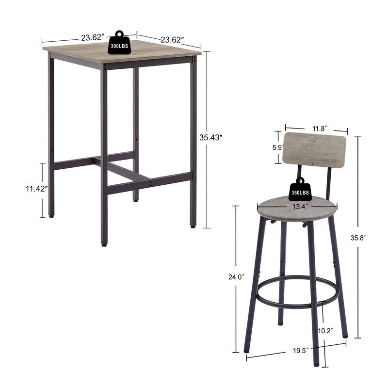 Minimalist Style 3-Piece Dining Table Set with 2 Bar Stools with Backrest,Grey