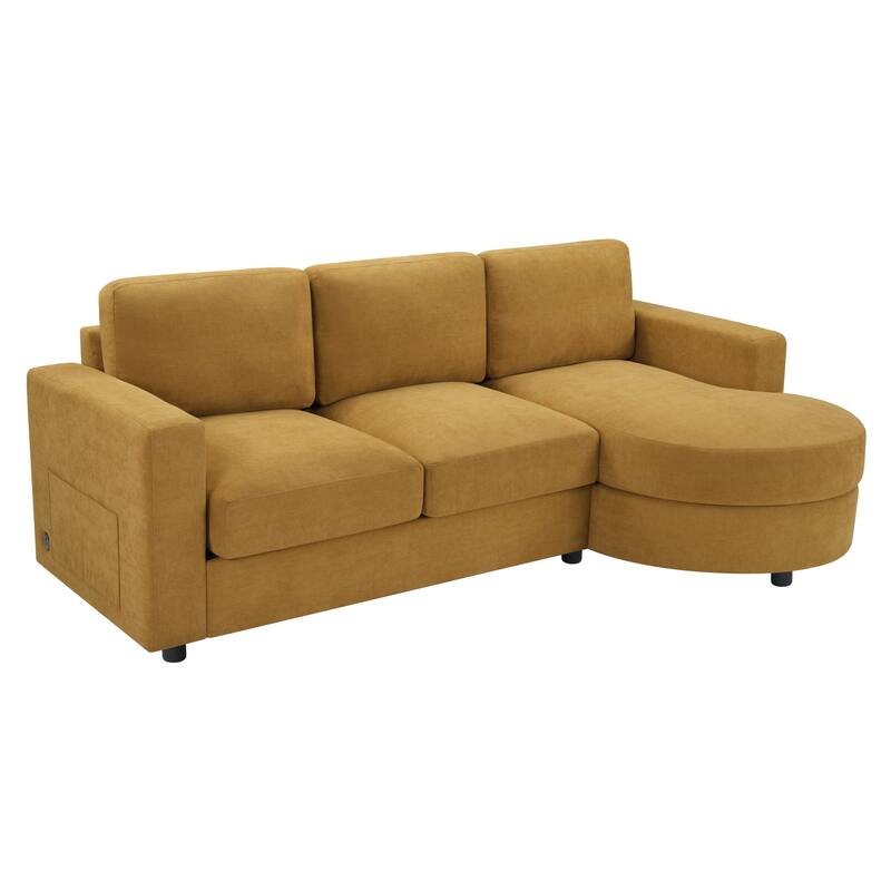 Modern L-Shaped Sofa with Curved Chaise, USB Charging Ports & Storage Pockets for Small Space
