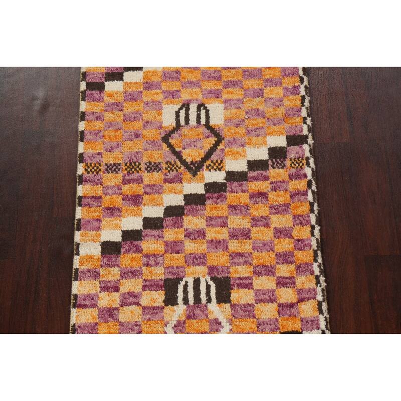 Modern Checkered Moroccan Oriental Runner Rug Hand-knotted Wool Carpet - 2'11" x 12'10"