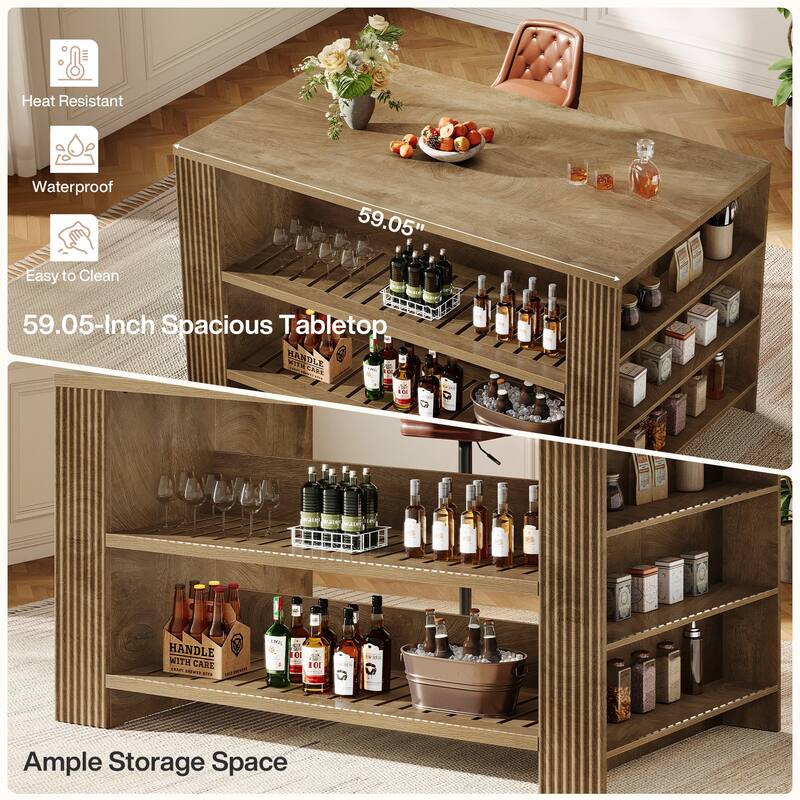 59 Inch Large Kitchen Island with Storage Shelves and Seating - 27.55" D x 59.05" W x 35.43" H