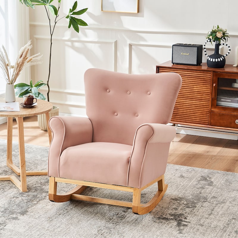 Velvet Upholstered Glider Rocking Chair, Glider Rocking Chair with Fabric Seat, High Back Armchair with Wood Base - Pink