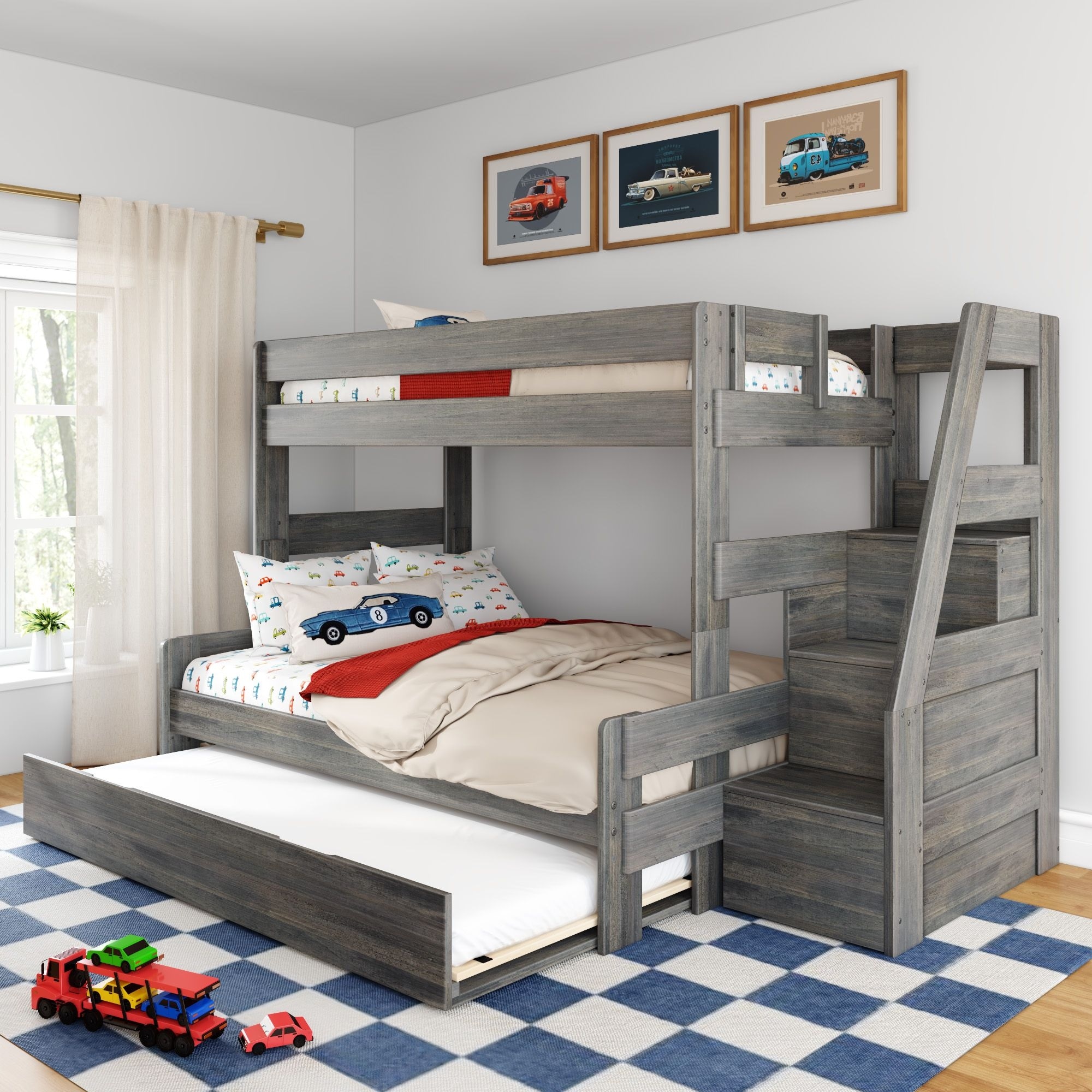 Max and Lily Modern Farmhouse Twin Over Full Bunk Bed With Staircase and Trundle