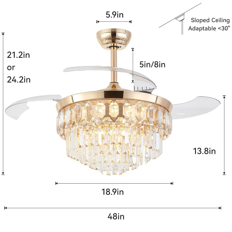 48" Crystal Fandelier Ceiling Fan with Light and Retractable Blades LED Dimmable for Bedroom Living Room - 48 Inches