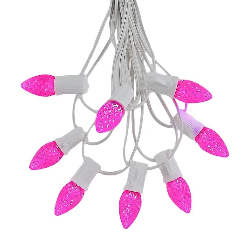 25 Foot C7 LED Christmas Light Set, Hanging String Lights, White Wire - Pink