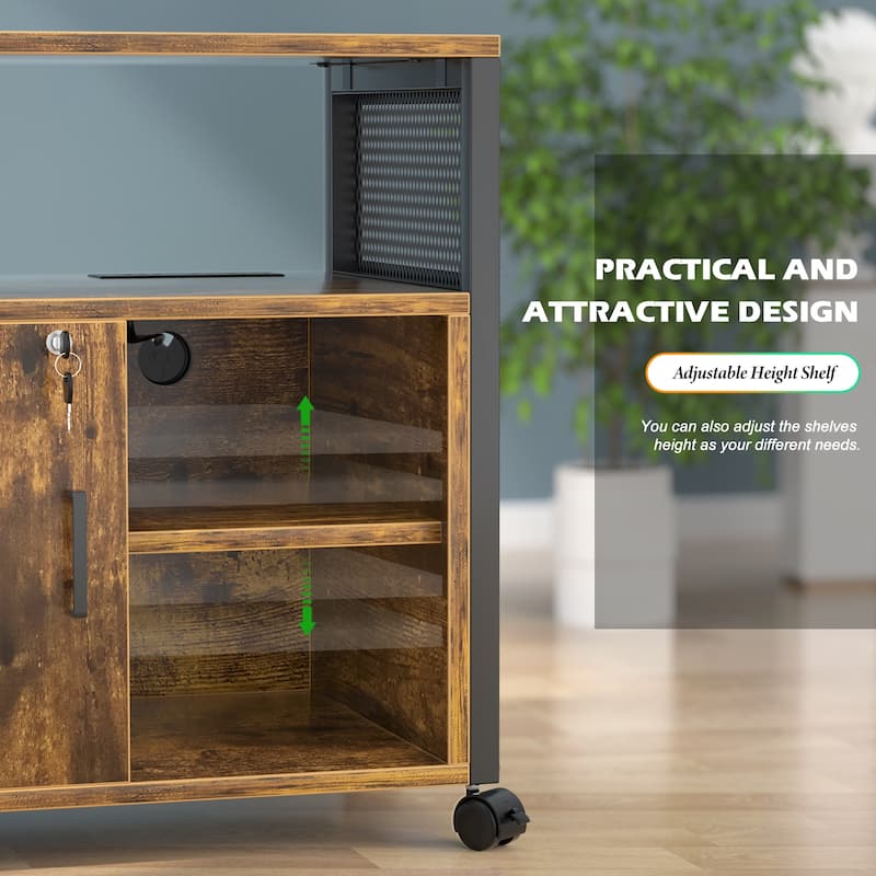 Rolling File Cabinet Lateral Office Filing Cabinets with Charging Station,Modern Printer Stand on Wheels