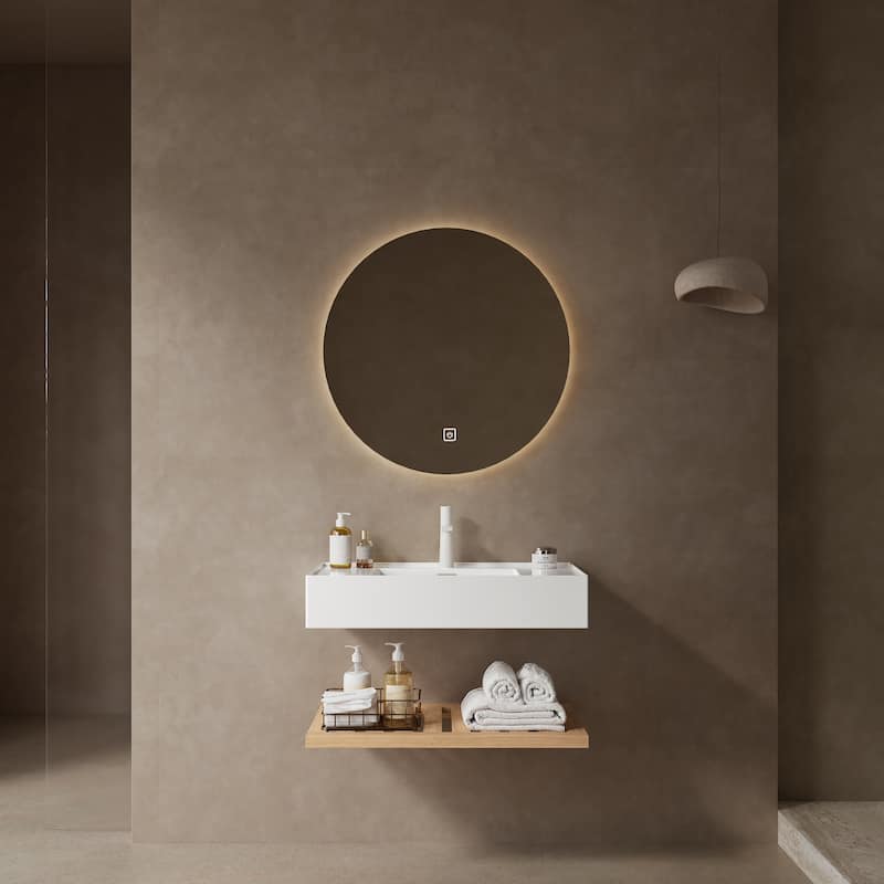 GDFStudio - Lede 30" Bathroom Vanity with Acrylic Integrated Basin, Striped Shelves Layer & Woodgrain Finish, WITHOUT Faucet