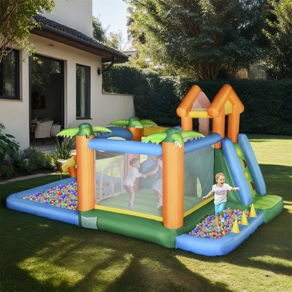 slide 2 of 7, Outsunny Tropical Inflatable Water Slide Summer Theme Jumping Castle - 216.5"Lx112.25"Wx102.25"H