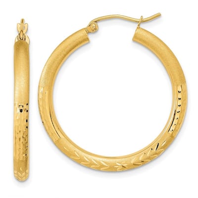 Curata 14k Yellow Gold Polished Satin and Sparkle Cut Endless Hoop Earrings - 32.28x30.58mm