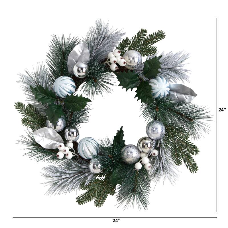 Pinecones Berries Silver Ornaments Artificial Christmas Wreath 24"